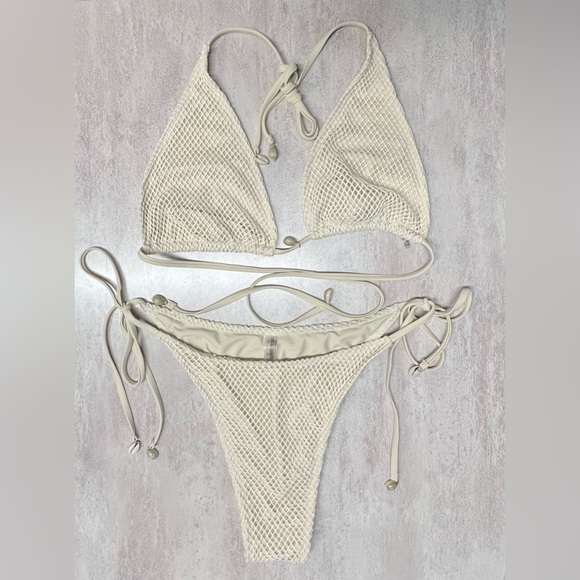 ZAFUL Women's Triangle Bikini Multiway Fishnet String Bikini Set beige cream - Picture 7 of 7